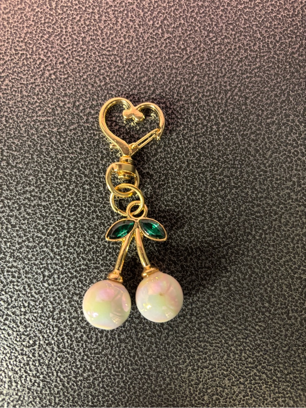 Gold-Tone white cherry purse charm with Green Leaves